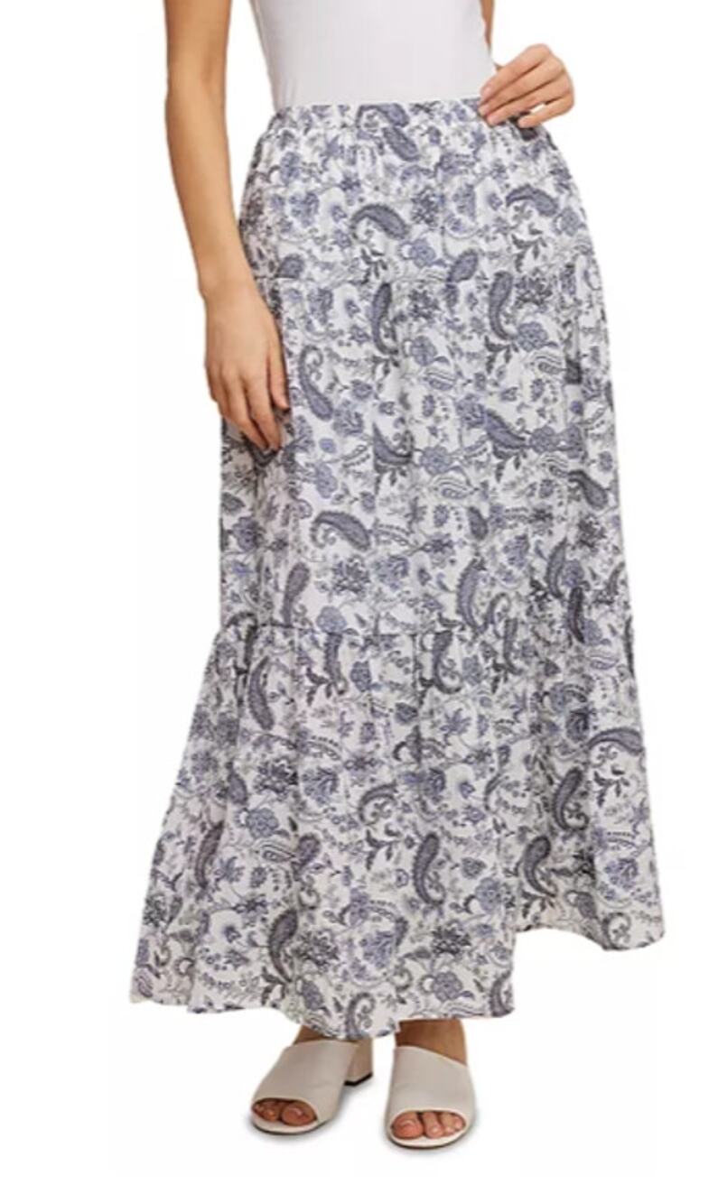 SINGLE THREAD WOMENS XLARGE TIERED FLORAL PRINTED GAUZE MAXI SKIRT BLUE WHITE